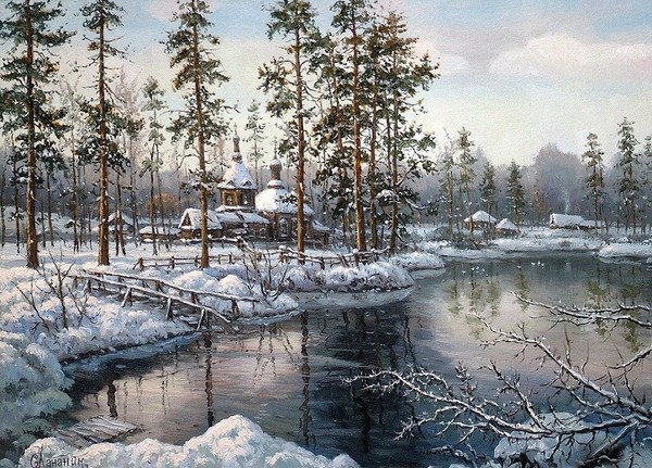 Paysage de neige en peinture