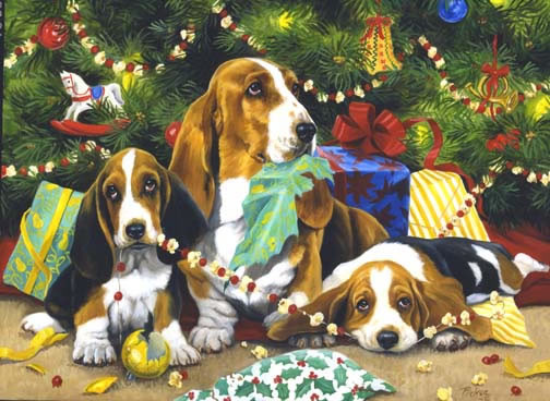 Trois chiots sous le sapin